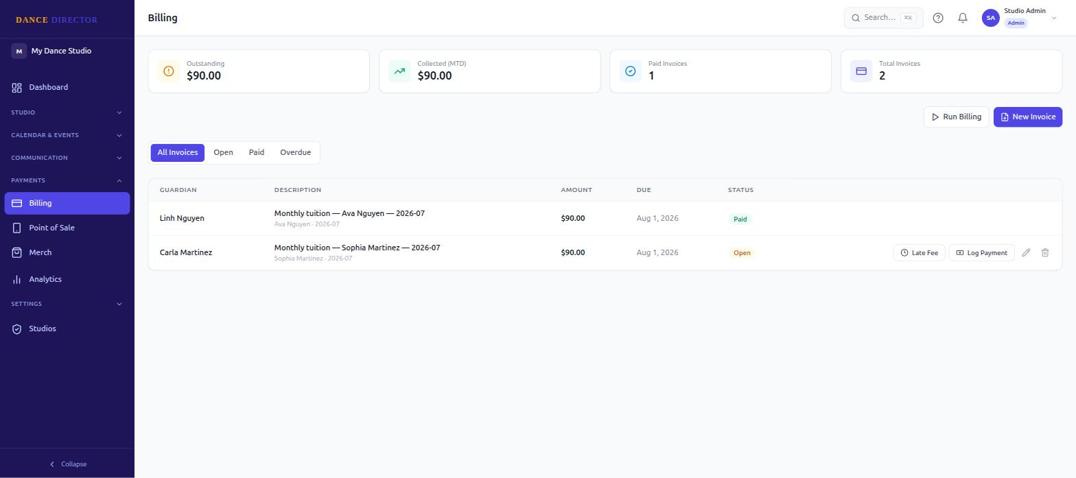 Dance Director billing dashboard showing outstanding balances, collected payments, and a list of open and paid invoices