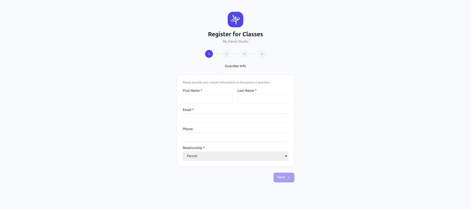 Dance Director public online registration form for a parent enrolling a dancer