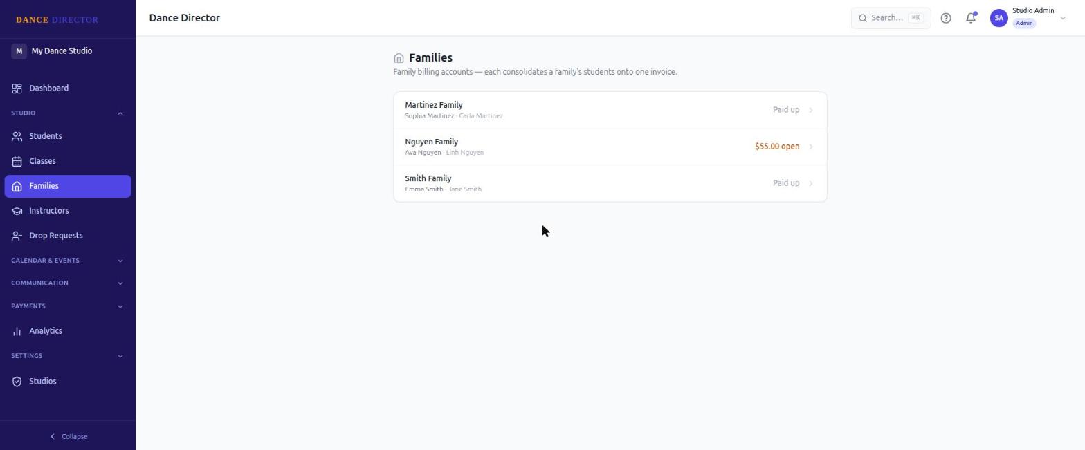 Dance Director family accounts list showing consolidated billing status for each family